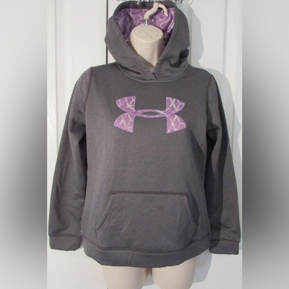 Under Armour Girls Big Logo Gray Hoodie Sweatshirt Cold Gear YLG Youth L